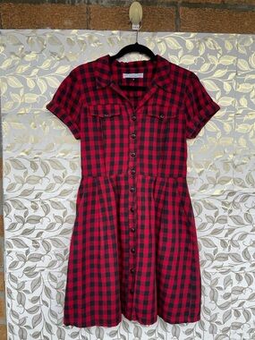 Birds of North America Red Gingham Plaid Button Front Fit Flare Mini Dress 8